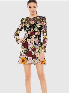 Mac Duggal Black Long Sleeve Floral Appliqué Mini Dress